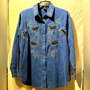 Vintage Club Z Embroidered/Rhinestone Denim Button Up Sz S
